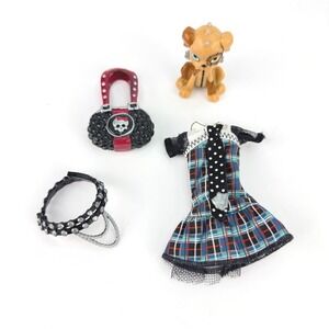 MONSTER HIGH Frankie Stein's Plaid Dress Studded Belt Skull handbag Dog Watzit